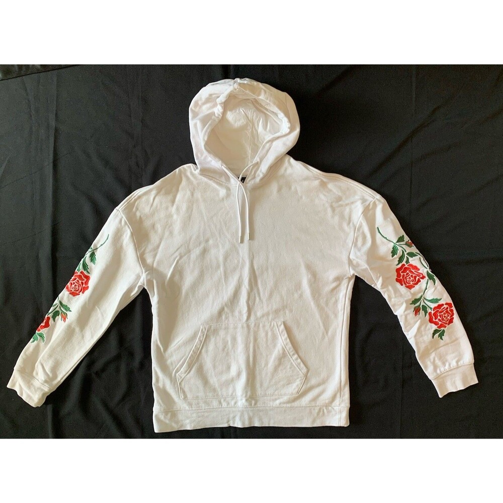 PacSun Embroidered Oversized Hoodie Sweatshirt Size M White Red Rose Retro Beach